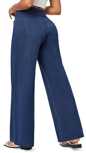 IUGA Wide Leg Jeans Woman High Waisted Pull On Baggy Jeans for Women Stretchy Trendy Womens Jean Straight Casual Denim Pants Dark Blue