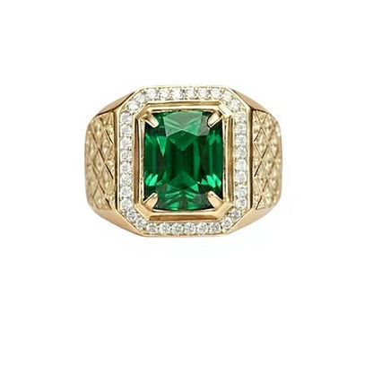RSYHB 10K 14K 18 Gold Created Emerald Rings for Men 4 CT Gemstone Engagement Rings with Moissanite Jewelry Gift for Him