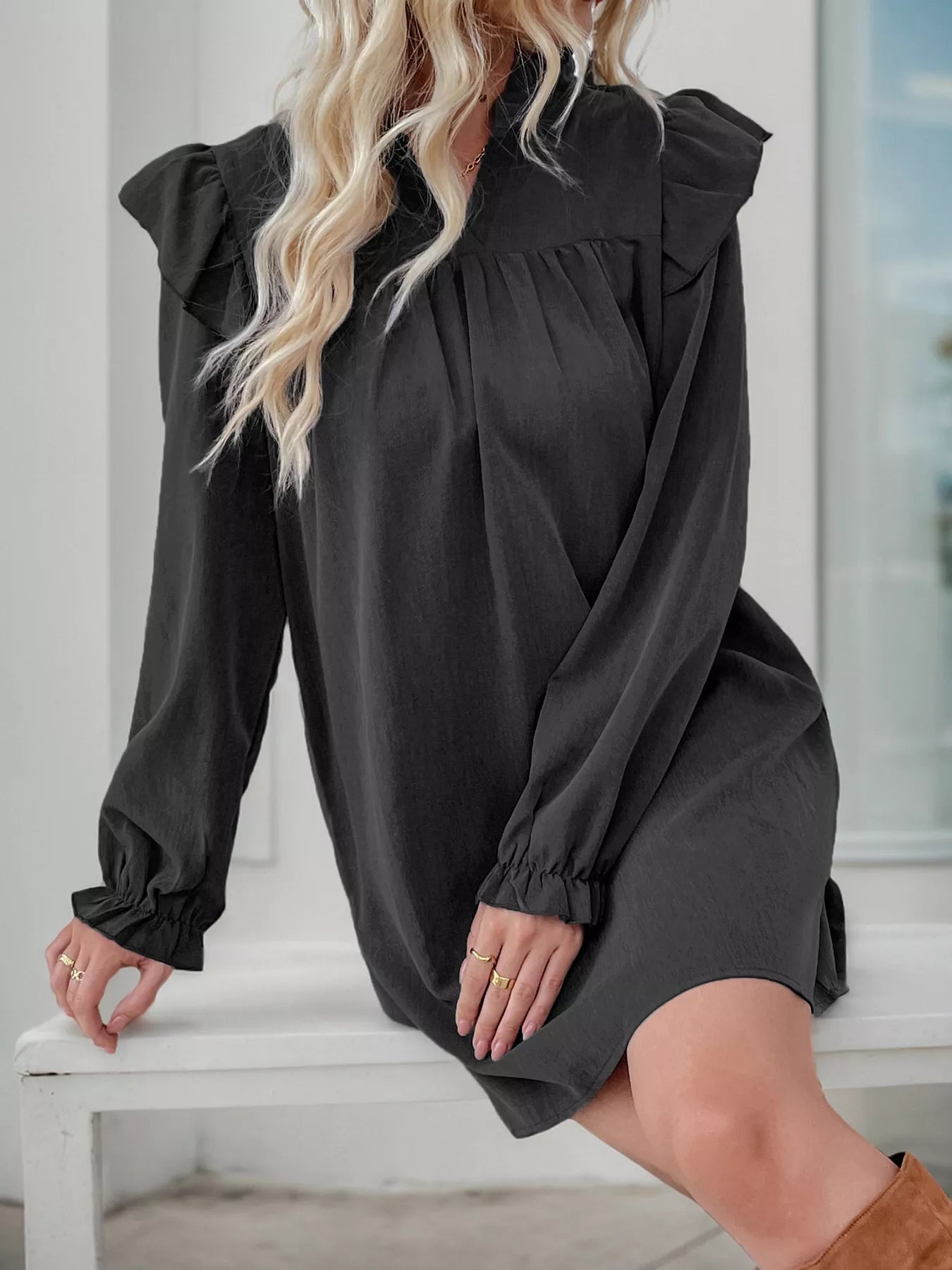 Ruffled Notched Long Sleeve Dress Black