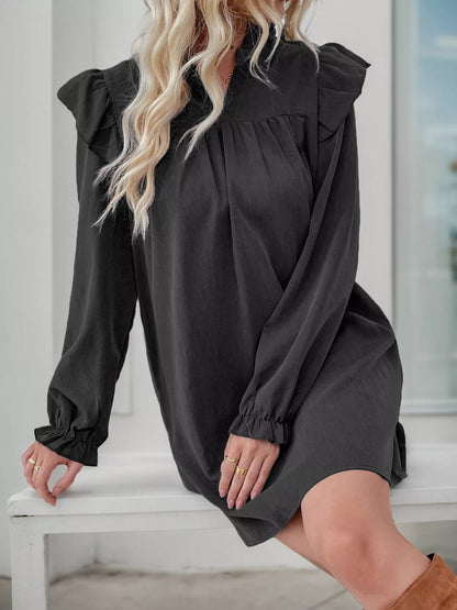 Ruffled Notched Long Sleeve Dress Black