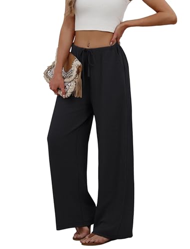 Sampeel Women's Pants Wide Leg Dressy Black Linen Pants Palazzo Summer Outfits Fahion Beach Vacation Clothes Business Casual Outfits Travel Airport 2026 Trousers S