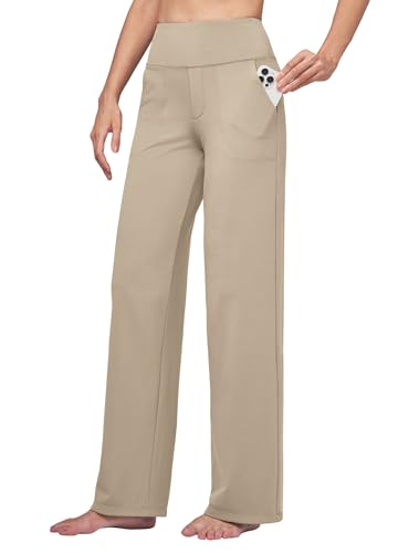 Willit Women's Yoga Pants Wide Leg Dress Work Pants Stretch Casual Pants Slacks with Pockets High Waist 30" Khaki M