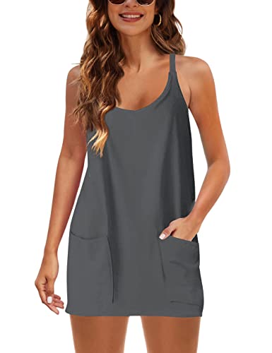 Zhiyouni Women's Summer Sleeveless Mini Dress V Neck Spaghetti Straps Athletic Built-in Shorts Sundress(Darkgrey-M)