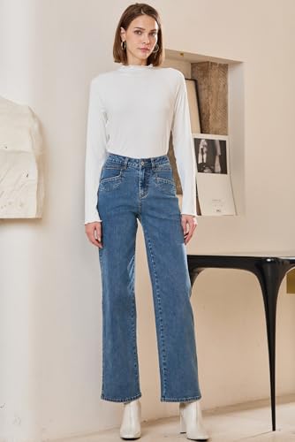 Sidefeel Women's Wide Leg Jeans High Waisted Stretchy Jeans Straight Leg Zimbaplatinum Ankle Denim Pants with Slant Pockets Blue Size 12