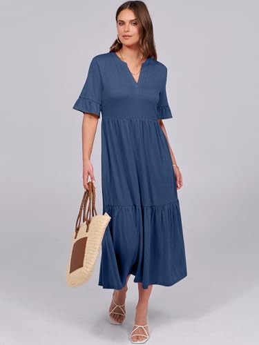 ANRABESS Womens Summer Maxi Dresses Casual Ruffle Short Sleeve V Neck Flowy Tiered 2026 Spring T Shirts Beach Boho Dress Blue Medium