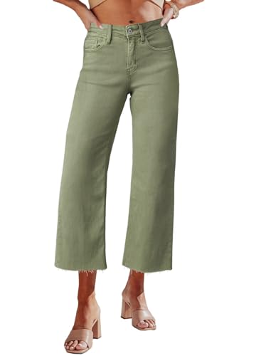 Allimy Women's High Waisted Straight Ankle Wide Leg Ripped Jeans Frayed Hem Stretchy Capri Denim Pants Olive Size 4