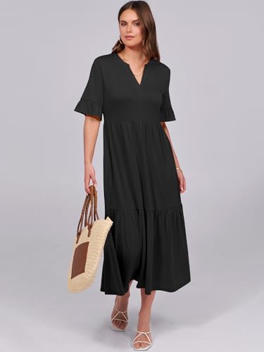 ANRABESS Womens Summer Maxi Dresses Casual Ruffle Short Sleeve V Neck Flowy Tiered 2026 Spring T Shirts Beach Boho Dress Black X-Large