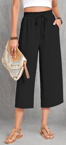 Anyhold Womens Plus Size Capri Pants Loose High Waisted Wide Leg Lounge Pants Drawstring Casual Palazzo Trousers with Pockets 2X-Large, Black
