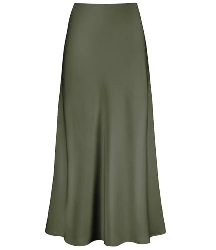 Outoshe Women's Satin High Waisted Maxi Skirts Hidden Elasticized Waistband A Line Long Skirt Army Green