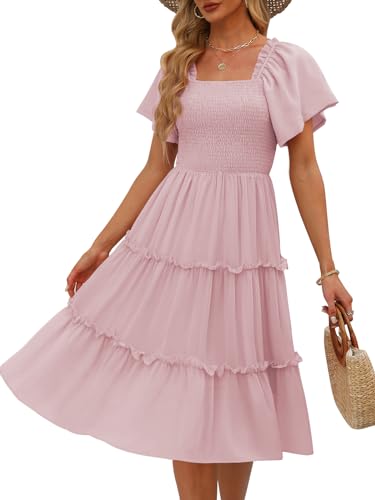 LILLUSORY Women Dresses Spring Summer 2026 Midi Graduation Bridal Baby Shower Casual Flowy Boho Sun Sundress Bridesmaid Brunch Cute Ladies Vacation Beach Smocked Teacher Clothes Outfits Pink M