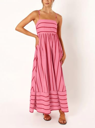 chouyatou Women's Striped Back Smocked Maxi Dress Sexy Spaghetti Strap Cut Out Flowy Swing Long Dress (Medium, Watermelon Red)