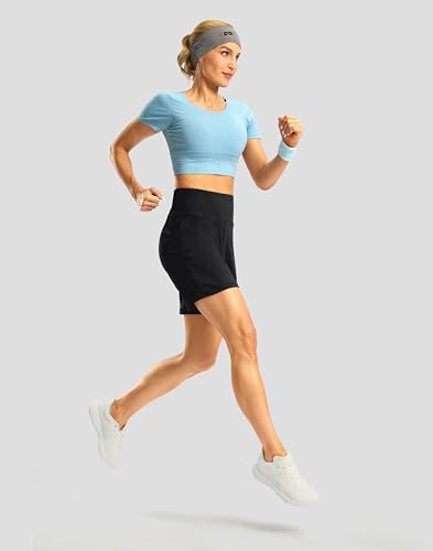 G Gradual Women's Athletic Shorts with Zipper Pocket 7" High Waisted Stretchy Bermuda Shorts for Women Workout Running Casual(Black,L)