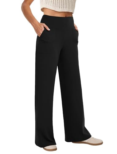 COPYLEAF Wide Leg Pants Woman High Waist Yoga Pants with Pockets Loose Stretch Dress Work Sweatpants Casual Lounge(Black L)