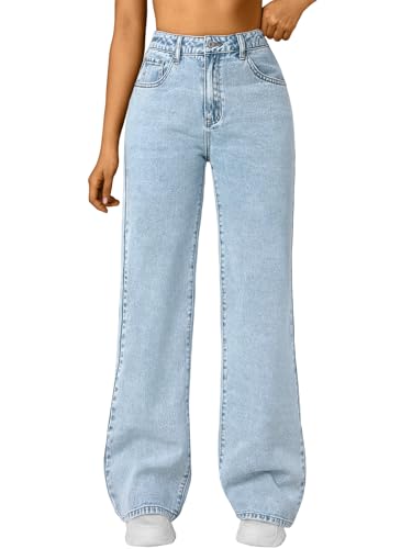 Trendy Queen Women's High Waisted Straight Wide Leg Jeans, Comfort Stretch Baggy Denim Pants SBlue 10