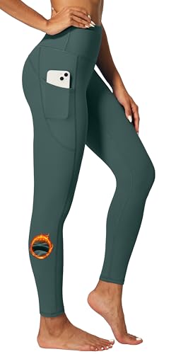 IUGA Fleece Lined Leggings Women Thermal Leggings for Women Winter Warm Tights High Waisted Hiking Yoga Pants with Pockets(Dark Green, L)