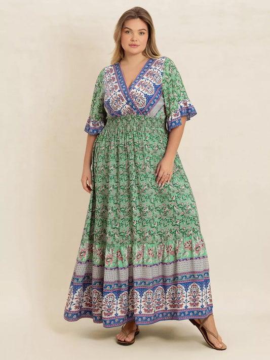 Plus Size Floral Print Smocked Waist Maxi Dress Green
