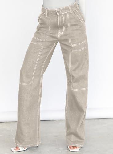 Dokotoo Women's Casual Mid Waist Cargo Jeans Baggy Wide Leg Denim Pants Apricot Size 10