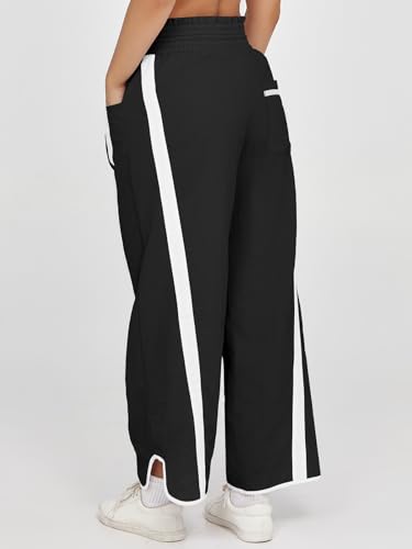 Fisoew Women's Baggy Wide Leg Pants Casual Drawstring Elastic Waisted Contrast Color Workout Y2K Track Pants Black
