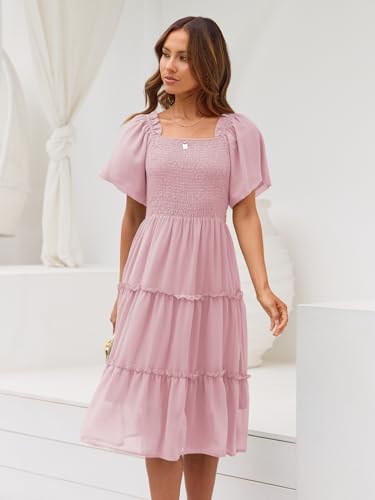 LILLUSORY Women Dresses Spring Summer 2026 Midi Graduation Bridal Baby Shower Casual Flowy Boho Sun Sundress Bridesmaid Brunch Cute Ladies Vacation Beach Smocked Teacher Clothes Outfits Pink M
