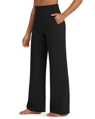G4Free Wide Leg Pants Woman Loose Yoga Pants with Pockets Soft Comfy Casual Trousers Stretch Sweatpants (Black,M,Petite)