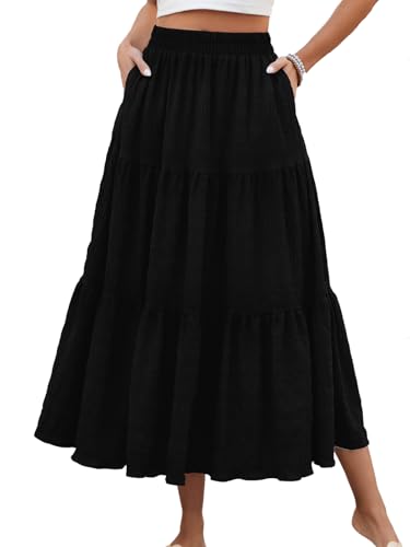 HUSKARY Skirts for Women Trendy Summer Casual High Waisted Flowy Maxi Skirt Spring Loose Tiered Layered Beach Skirt,Black,Large