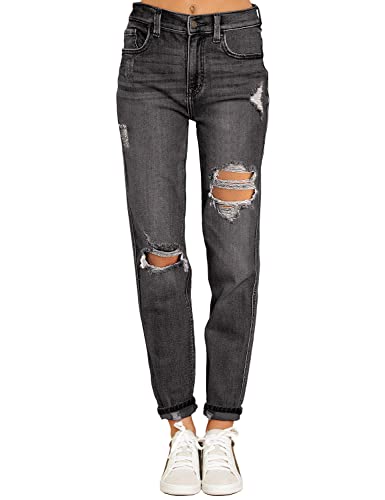 Mom Jeans - luvamia Boyfriend Jeans for Women Stretch High Waisted Ripped Distressed Mom Jeans Slim Denim Pants A1 Pebble Grey