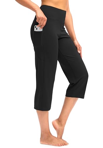G Gradual Capri Pants for Women High Waist Workout Yoga Pants with Pockets Tummy Control Leggings Crop Straight(Black,L)
