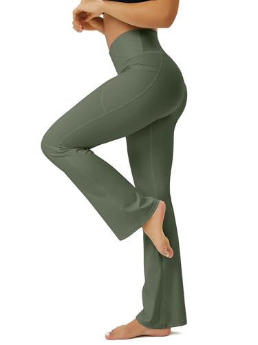FOHOFO Yoga Pants Women, Flare Leggings for Women with Pockets Crossover High Waisted Bootcut Yoga Pants Army Green