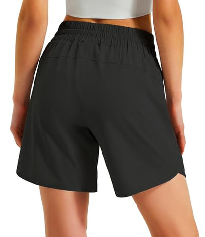 Ksmien Women's 5"/ 7" Athletic Running Shorts Quick Dry Lightweight Workout Gym Shorts with Zipper Pockets UPF 50+ Black