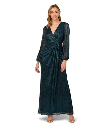 Women's Metallic Mesh Draped Gown Teal Sapphire