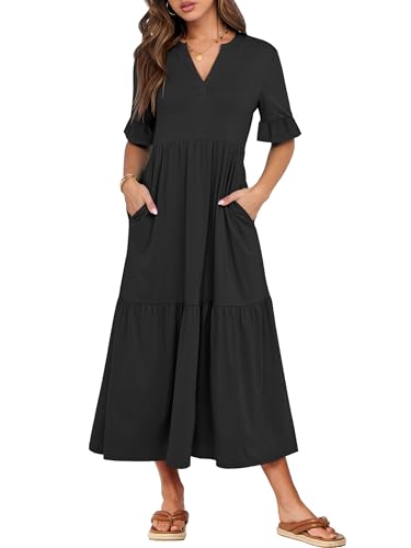 ANRABESS Womens Summer Maxi Dresses Casual Ruffle Short Sleeve V Neck Flowy Tiered 2026 Spring T Shirts Beach Boho Dress Black X-Large