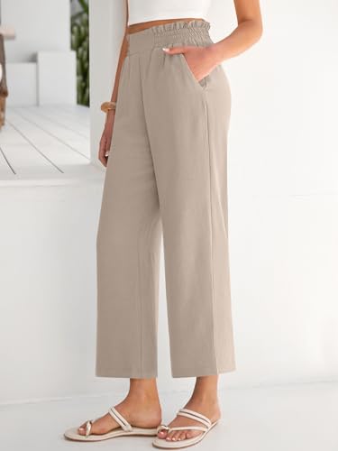 ANRABESS Womens Wide Leg Palazzo Pants Summer Beach High Waisted Cropped Flowy Pants 2026 Dressy Casual Trousers with Pockets Parchment Medium