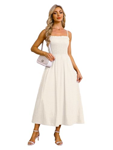 OFEEFAN Maxi Dress Spaghetti Strap Dresses Business Casual Spring Swing Sundresses for Women 2026 Summer Beach Vacation Cruise Outfits Khaki Gingham M