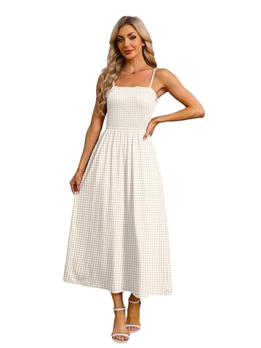 OFEEFAN Maxi Dress Spaghetti Strap Dresses Business Casual Spring Swing Sundresses for Women 2026 Summer Beach Vacation Cruise Outfits Khaki Gingham M