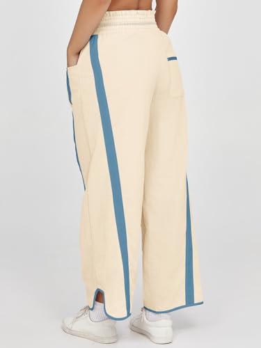 Fisoew Women's Baggy Wide Leg Pants Casual Drawstring Elastic Waisted Contrast Color Workout Y2K Track Pants Beige