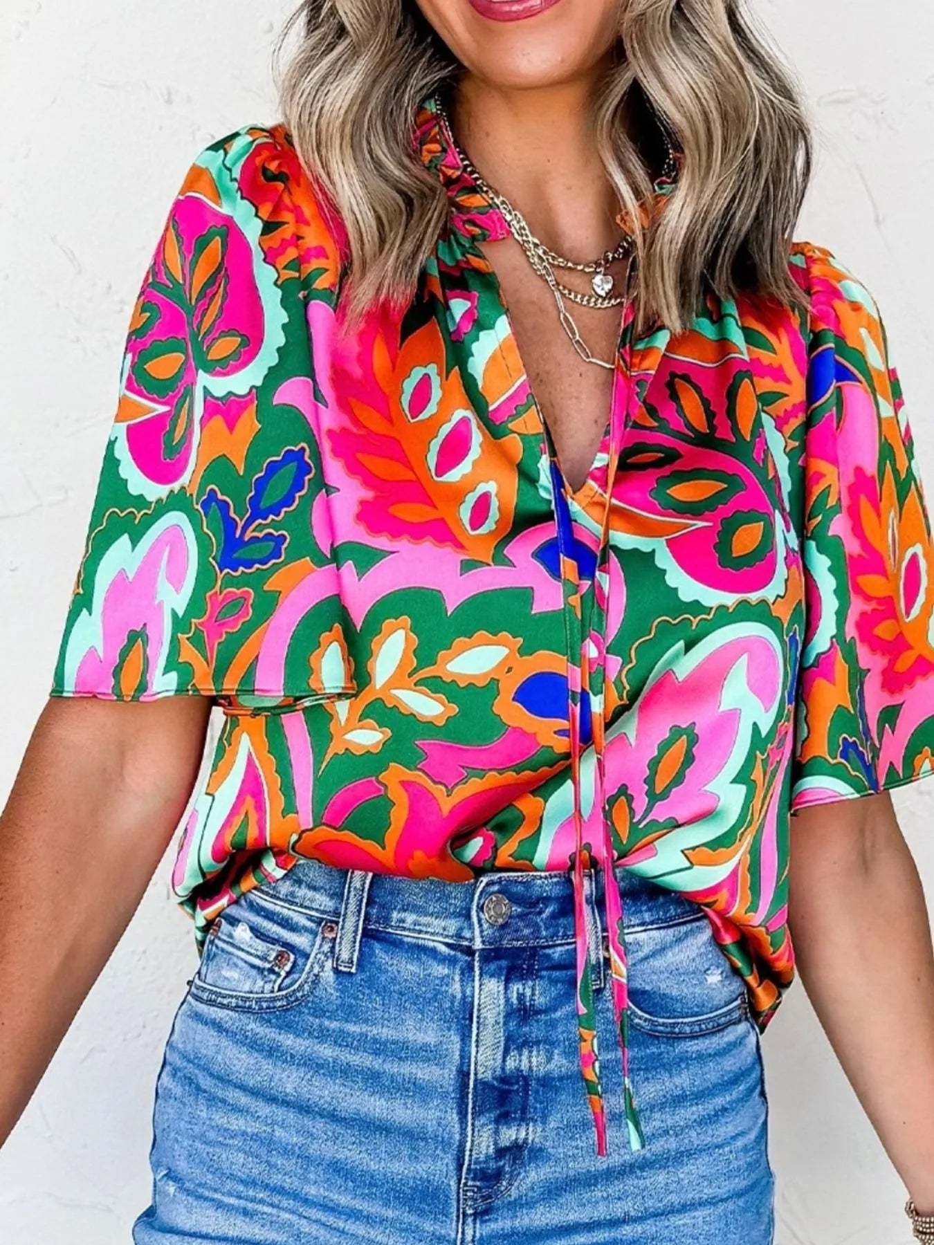 Tropical Print Short Sleeve Tie Neck Blouse Rose