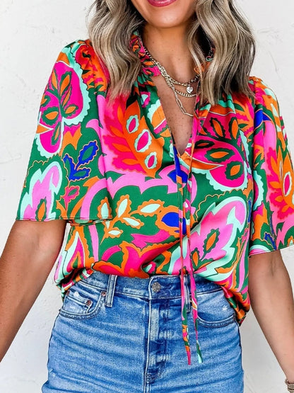 Tropical Print Short Sleeve Tie Neck Blouse Rose