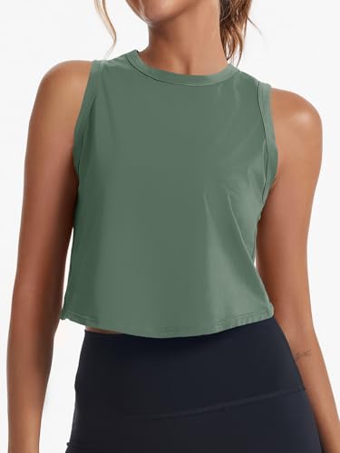 Fisoew Women's Workout Cropped Tank Top Racerback Back Slit Sleeveless Crewneck Running Yoga Active Shirt Army Green