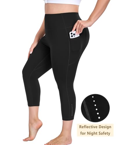 Plus Size Capri Leggings for Women with Pockets, Black Workout Capris Tummy Control, Stretch Yoga Pants High Waisted, Thick Gym Compression Activewear, Athletic Exercise Cropped Petite Leggings 3XL