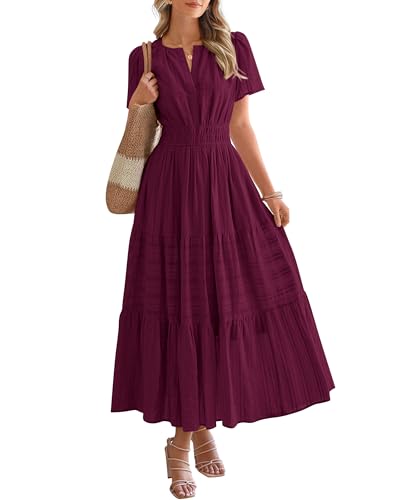 BTFBM Womens Summer 2026 Casual Midi Maxi Dresses Lightweight Short Sleeve V Neck Elastic Waist Boho Beach Dress Pockets(Wine Red, Large)