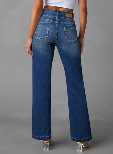 Sidefeel Women's Jeans Wide Leg High Waisted Straight Leg Fall Outfit Stretchy Denim Pants Blue Size 8
