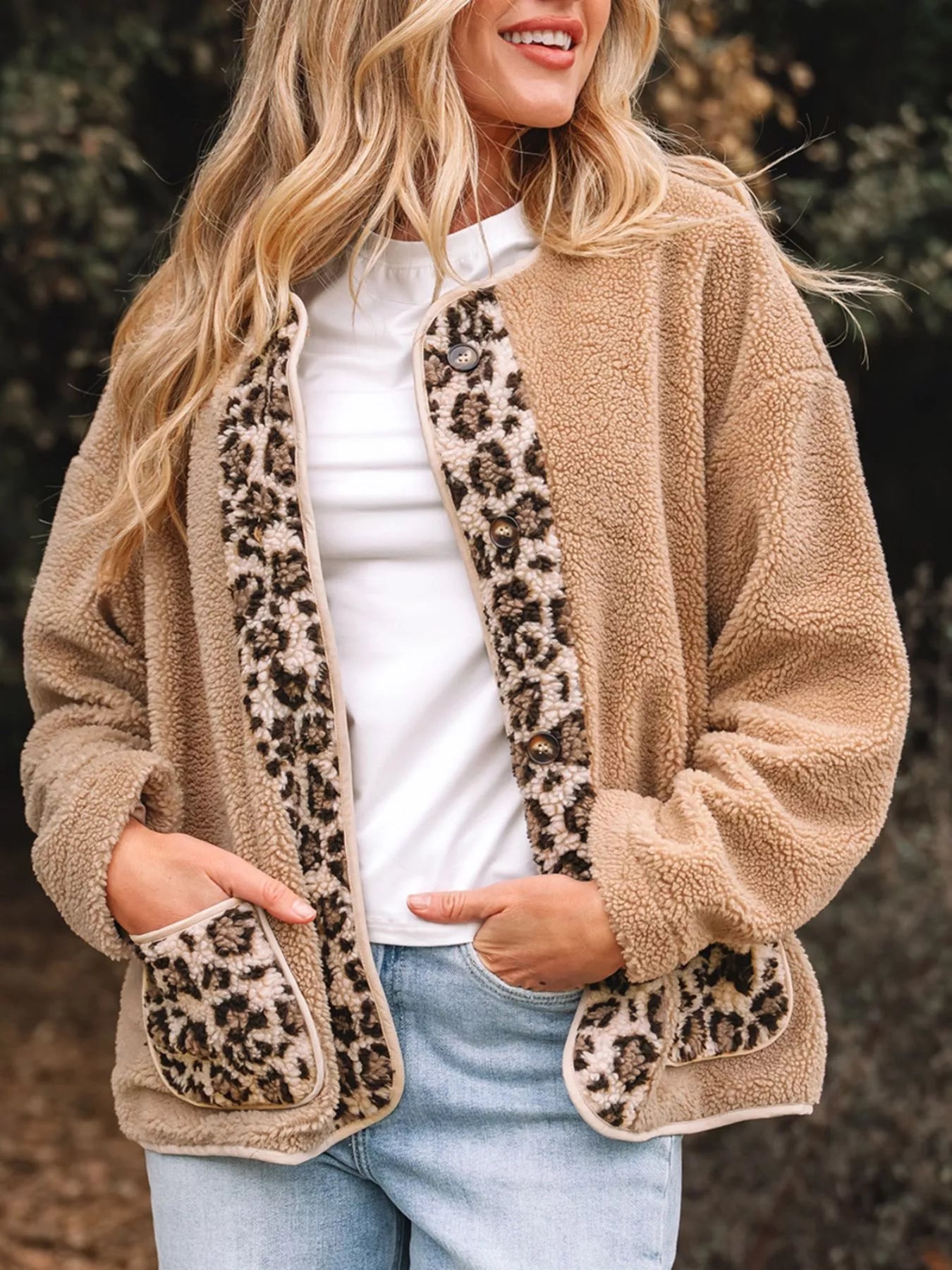 Casual Leopard Print Accent Plush Jacket with Pockets Camel