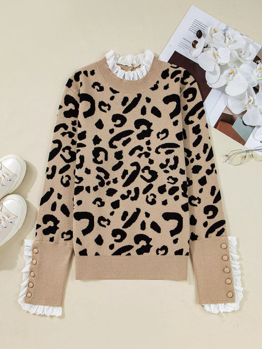 Leopard Pattern Lace Ribbed Detail Button Cuffed Sweater