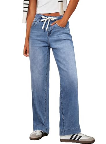 Sidefeel Women's Wide Leg Jeans High Waisted Stretchy Straight Baggy Drawstring Denim Pants Light Blue Size 16