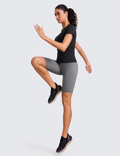 CRZ YOGA Seamless Workout Tops for Women Hip Length - Athletic Running Gym Yoga Short Sleeve Shirts Breathable Crewneck Tees Black Small