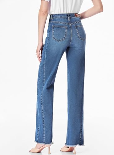 Sidefeel Women's Wide Leg Jeans High Waisted Stretchy Raw Hem Denim Pants Size 12 Blue
