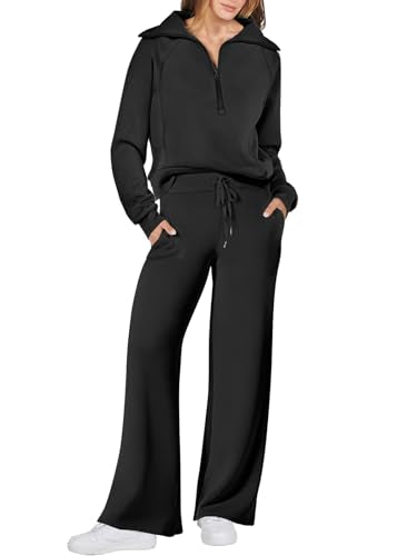 ANRABESS Women 2 Piece Outfits 2025 Fall Fashion Airport Wide Leg Pants Lounge Set Leisure Travel Vacation Clothes Sweatsuits Black Large