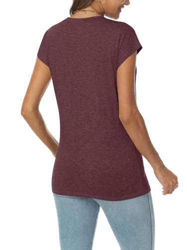 AUTOMET Womens V Neck T Shirts Spring Summer Cap Sleeve Basic Tees Trendy Cute Tops for Work Dressy Casual Beach Vacation Wine Red L