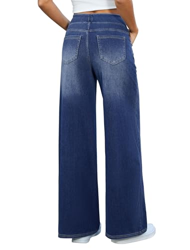 DLOODA Women's Wide Leg Jeans High Waisted Stretchy Denim Pants Elastic Waist Pull On Sweatpant Jeans Trendy Baggy Loose Medium Blue