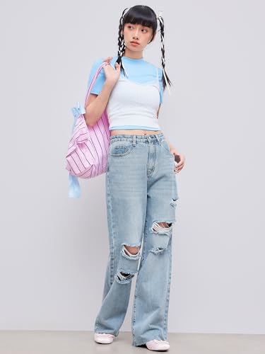 CIDER Women’s Ripped Jeans High Waisted Distressed Baggy Straight Wide Leg Pants: Denim, M